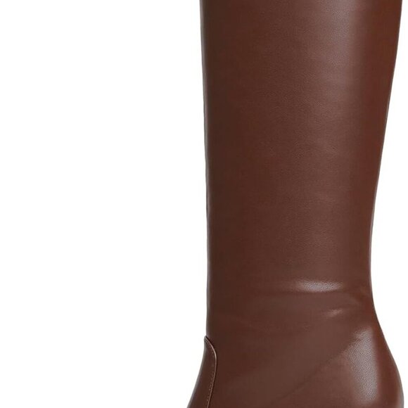 Women Knee High Boots Faux Leather Chunky Heel Square Toe Zipper Long Boots - Picture 2 of 9